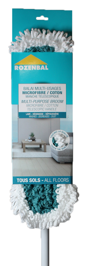 BALAI PLAT avec FRANGE MICROFIBRE ET COTON + MANCHE RETRACTABLE 1,30M - ROZENBAL